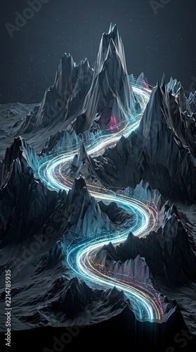 Luminous light trails wind across dark geometric mountains in futuristic topographic data visualization concept, representing dynamic network flows through stylized polygonal peak terrain.