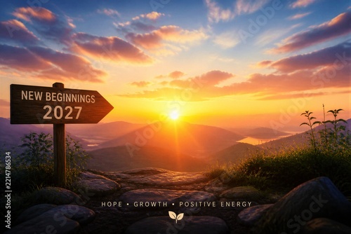 Road sign pointing new beginnings at sunrise over mountains