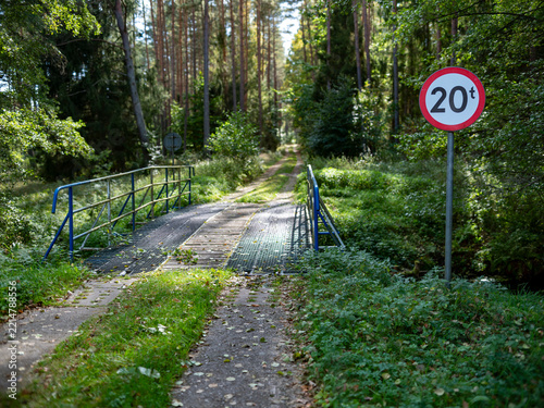 Mały metalowo drewniany mostek w lesie przez niewielką rzekę. Pora roku jesień.