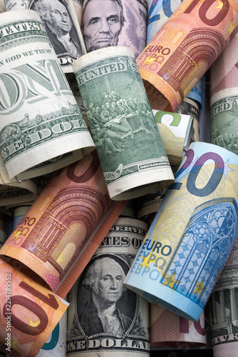 American and European currency. Money, dollars and euros.
