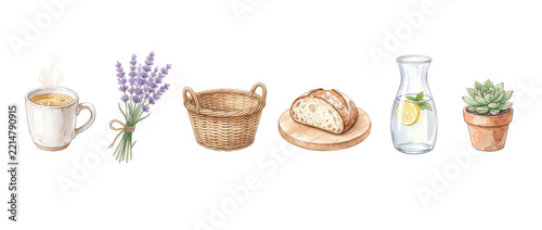 Watercolor cozy lifestyle clipart set featuring hot tea cup lavender bouquet wicker basket sourdough bread lemon water carafe succulent plant isolated on black background for rustic hygge decor