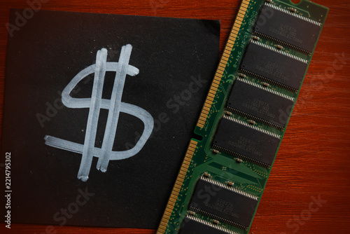 Overhead View of RAM Memory Stick and Hand-Drawn Dollar Sign Representing Hardware Costs