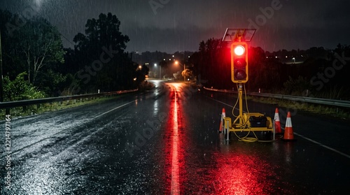 Temporary traffic signal with red light reflecting on wet rural road at night