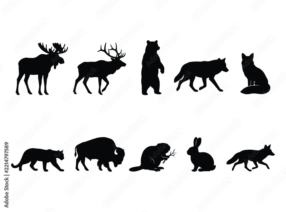 Obraz premium Wild Forest Animal Silhouette Collection, Moose, Deer, Bear, Fox, Rabbit and Woodland Wildlife Vector Set