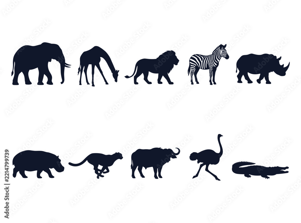 Fototapeta premium Safari Wildlife Animal Silhouette Collection, Elephant, Giraffe, Lion, Zebra and Rhinoceros Vector Set