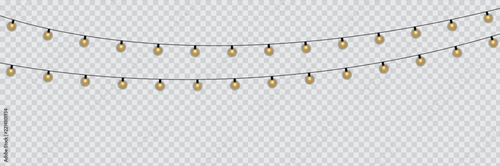 Fototapeta premium Realistic string of golden glowing light bulbs hanging on a wire, festive decorative garland for holidays, celebrations, and events, a transparent background