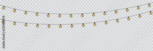 Realistic string of golden glowing light bulbs hanging on a wire, festive decorative garland for holidays, celebrations, and events, a transparent background