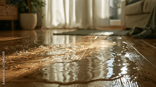 water on the floor in the room, flooded apartment, flood