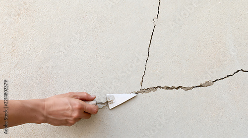 Worker hand repair crack in concrete wall with trowel and mortar, professional home improvement and property maintenance service concept