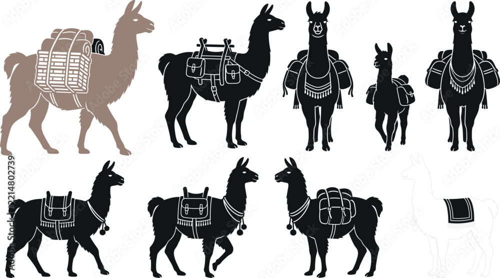 Fototapeta premium Llama and Alpaca Silhouette Icon Set with Traditional Andean Pack Saddles and Luggage Cargo Bags for South American Traveling Designs