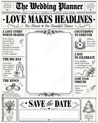 'Save the Date' for the upcoming wedding in a newspaper-style design with playful subtitles, romantic symbols, and blank copy space