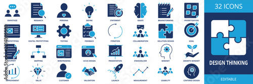 Design Thinking solid icon set. Includes symbols for Empathize, user Research, User Persona, Define, Problem Statement, Ideate, Brainstorming