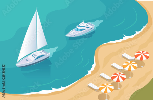 Summer sea beach isometric illustration with yacht, boat and recreation area