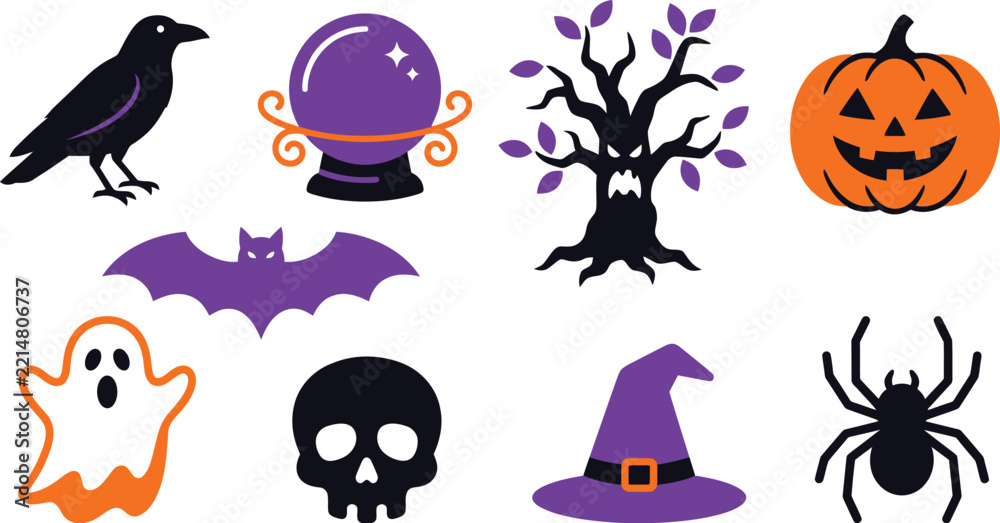 Fototapeta premium Halloween colorful cartoon icon collection featuring black raven, crystal ball, spooky tree, pumpkin, ghost, bat, skull, witch hat, and spider