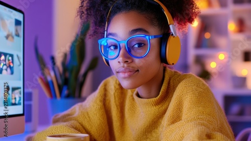 Mixed race woman with headphones and blue light glasses studying online course at modern home office desk