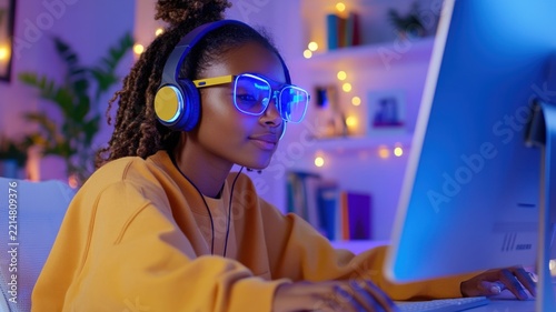 Mixed race woman studying online course on desktop computer with headphones and blue light glasses at home office