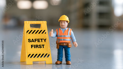 Miniature construction worker figurine stands beside a yellow caution sign with safety first text, giving a thumbs up in a workplace
