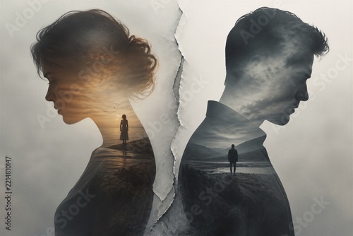 Couple standing back to back with inner figures in torn silhouette
