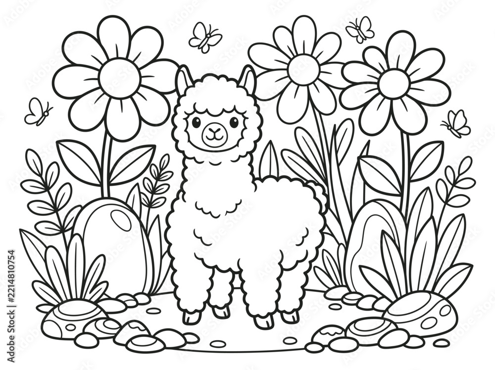 Fototapeta premium Baby alpaca coloring page, cute fluffy young alpaca with friendly cartoon features and bold clean black outlines, simple printable animal illustration for children
