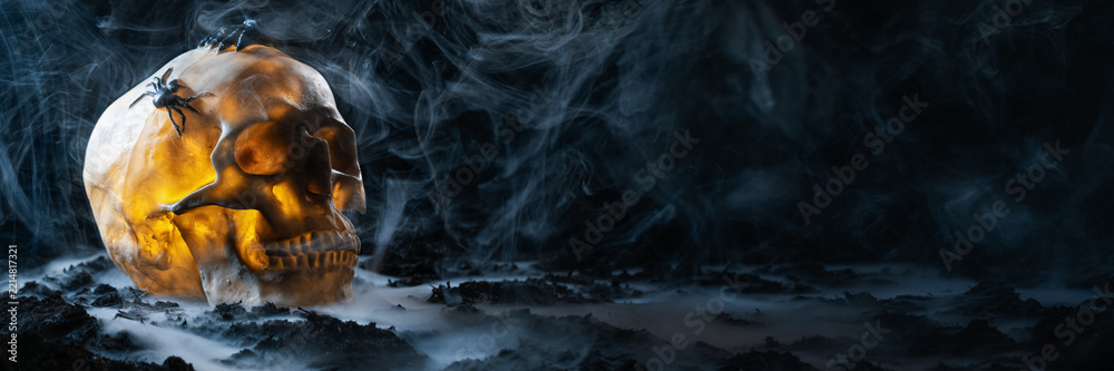 Fototapeta premium Glowing skull with spider on dark smoky ground in a dramatic Halloween scene. Extra wide banner composition with large copy space for text, advertising or web design