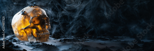 Glowing skull with spider on dark smoky ground in a dramatic Halloween scene. Extra wide banner composition with large copy space for text, advertising or web design