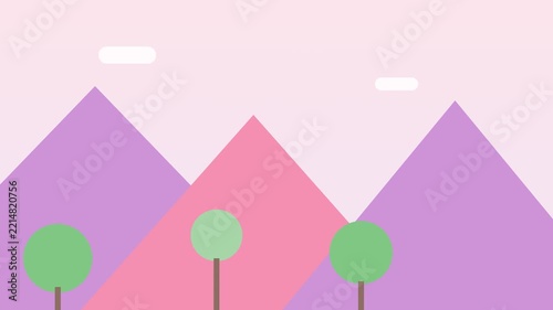 Colorful mountains and trees stand beneath a pink sky