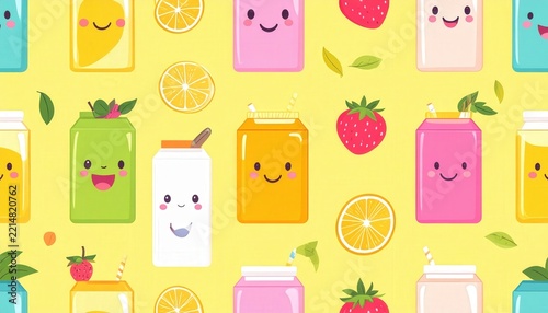 Fruit juice drink pattern cartoon vector illustration of smiling beverage boxes with strawberries and orange slices for kids menu and healthy food design