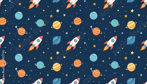 Space exploration and childhood education seamless pattern with cartoon rockets and planets on dark blue background for nursery and kids textile design