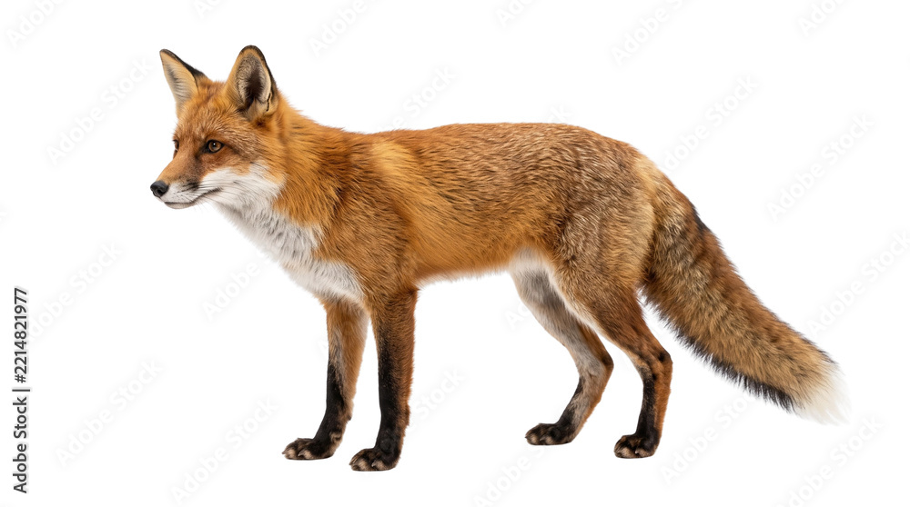 Fototapeta premium Red fox standing in profile, wild orange vulpes vulpes portrait, red fox wildlife animal photography isolated PNG with Transparent Background
