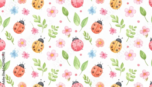 Spring nature pattern ladybug and flower background for nursery decor and textile design with botanical elements and cute insects in watercolor style