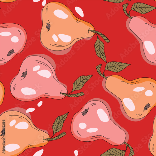 Seamless pattern with pear on color background. Natural delicious fresh ripe tasty fruit. Sweet pears with leaves. Food concept. Vector illustration for print, fabric, textile.