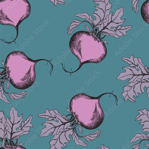 Seamless pattern with gand drawn beets. Illustration of beetroot vegetable. Reapiting tile for fabric, wallpaper wrapping paper. Eco friendly healthy food concept.