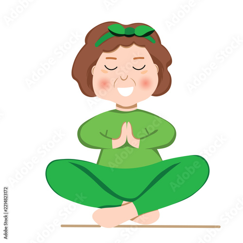 Sporty Granny does Yoga. Old person. Vector colorful cartoon illustration. Senior woman in pose yoga. Exercising for better health. Isolated flat image. Grandma. Grandmother character.