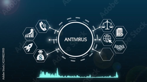 Antivirus software interface with digital security icons and data visualization hud cybersecurity protection