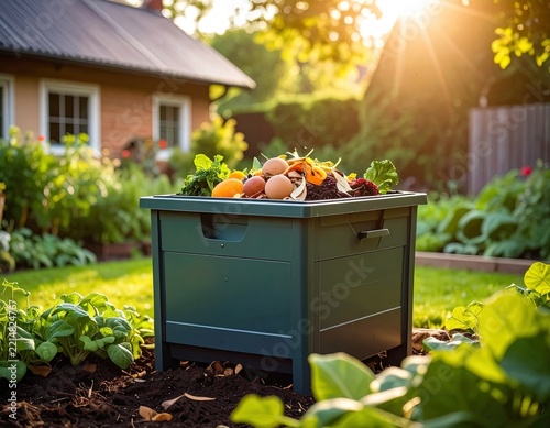 Caja de compostaje con residuos orgánicos en el patio de un jardín