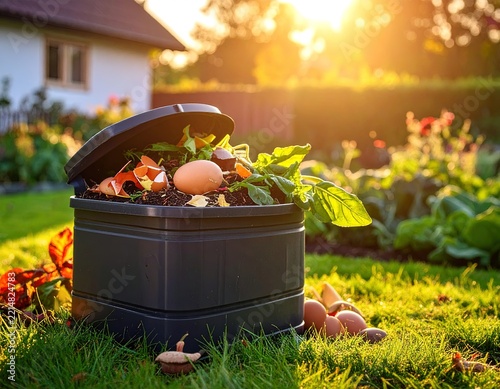 Tarro de plástico usado como contenedor de compost en el jardín al amanecer