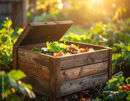 Contenedor de compost con residuos orgánicos en el patio de un jardín
