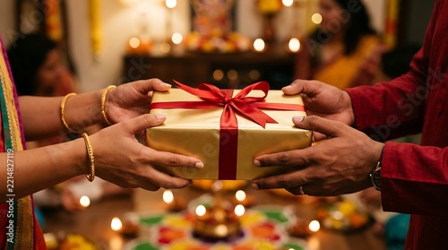 Close-Up of Hands Exchanging Gold Gift Box with Red Ribbon During Diwali Celebration