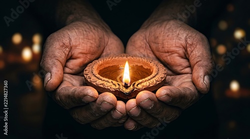 Hands Holding Lit Clay Diya Lamp for Diwali