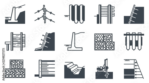 Civil engineering infrastructure and structural icons.