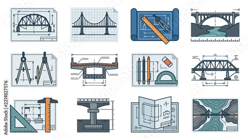 Civil engineering icons featuring bridge designs and blueprints.