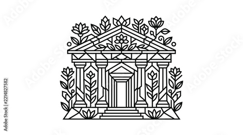 Classical greek temple with floral botanical ornaments.