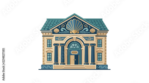 Classical building facade with large seashell pediment.