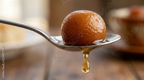 Gulab Jamun Sweet on a Spoon with Syrup Drip