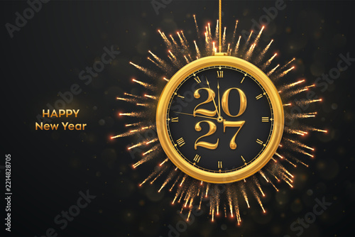 Happy New Year 2027. Golden metallic clock showing midnight with numbers 2027. Sparkling fireworks on black background. Festive New Year celebration card, poster. New Year card. Vector illustration.