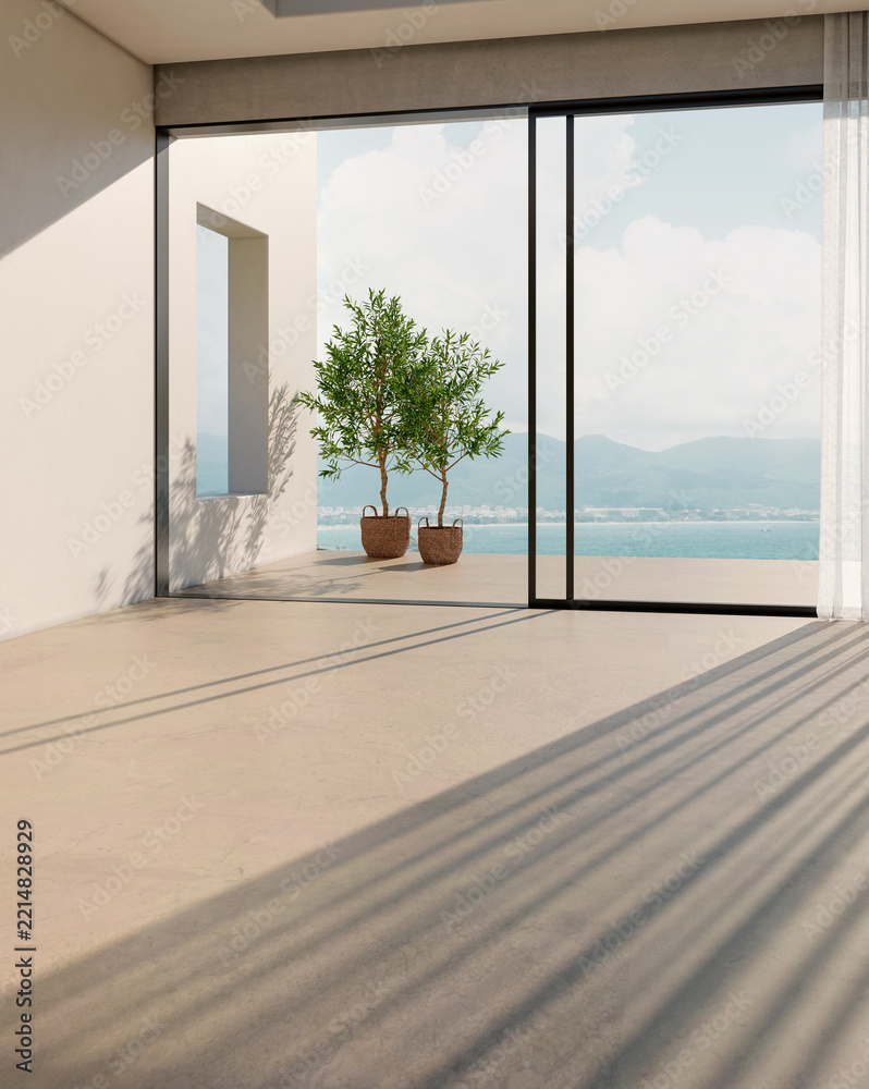 Fototapeta premium empty room with window and plants and sea