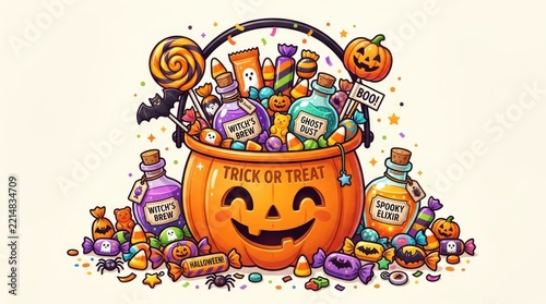 Colorful Halloween Trick or Treat Pumpkin Bucket Filled with Candy and Spooky Decorations