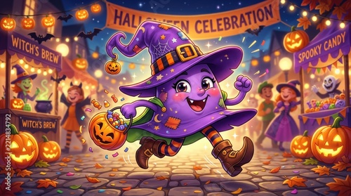 Cheerful Cartoon Witch Hat Character Running Through Colorful Halloween Festival