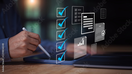 Project manager tracks project progress with checklist, task management, workflow, performance review, document approval, productivity, evaluation, planning, and completion monitoring.