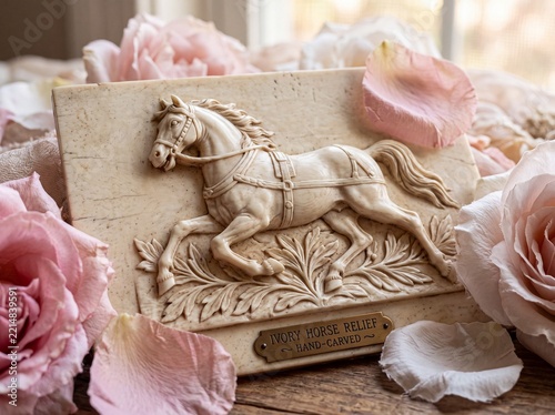 Educational Ivory Relief Horse Diagram with Silk Petals Macro Illustration